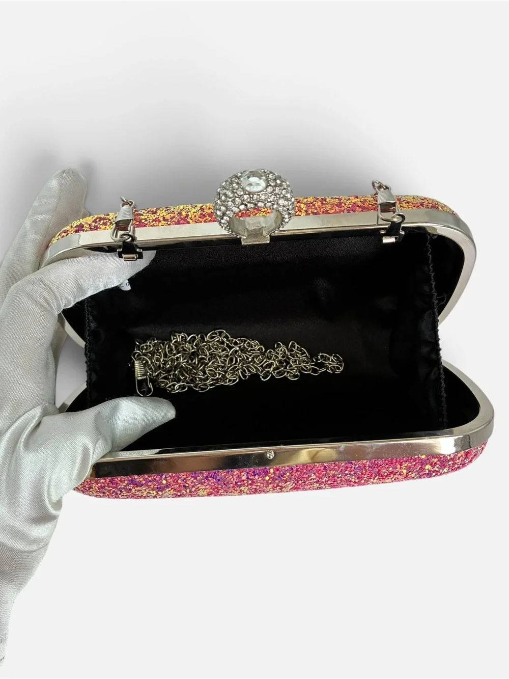 Pink Glitter Ring-Clasp Evening Clutch with Chain